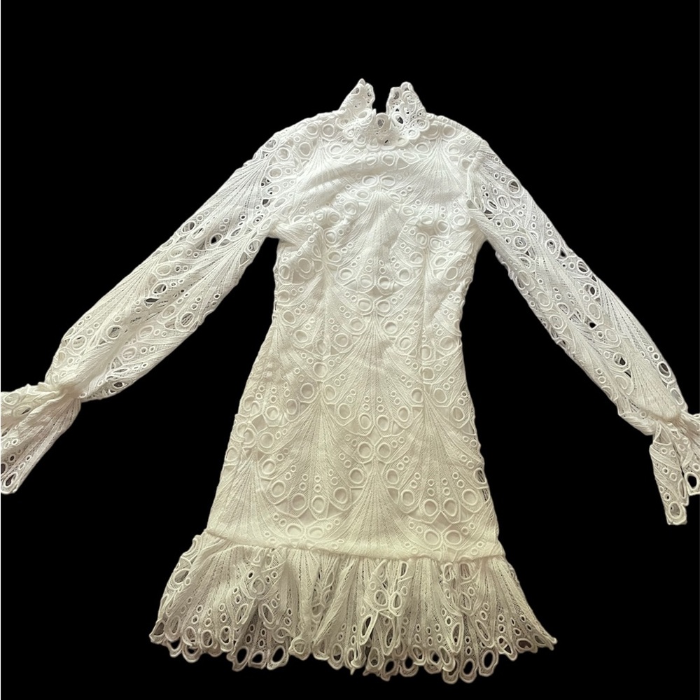 White High Neck Lace Long Sleeve Frill Bodycon Dress